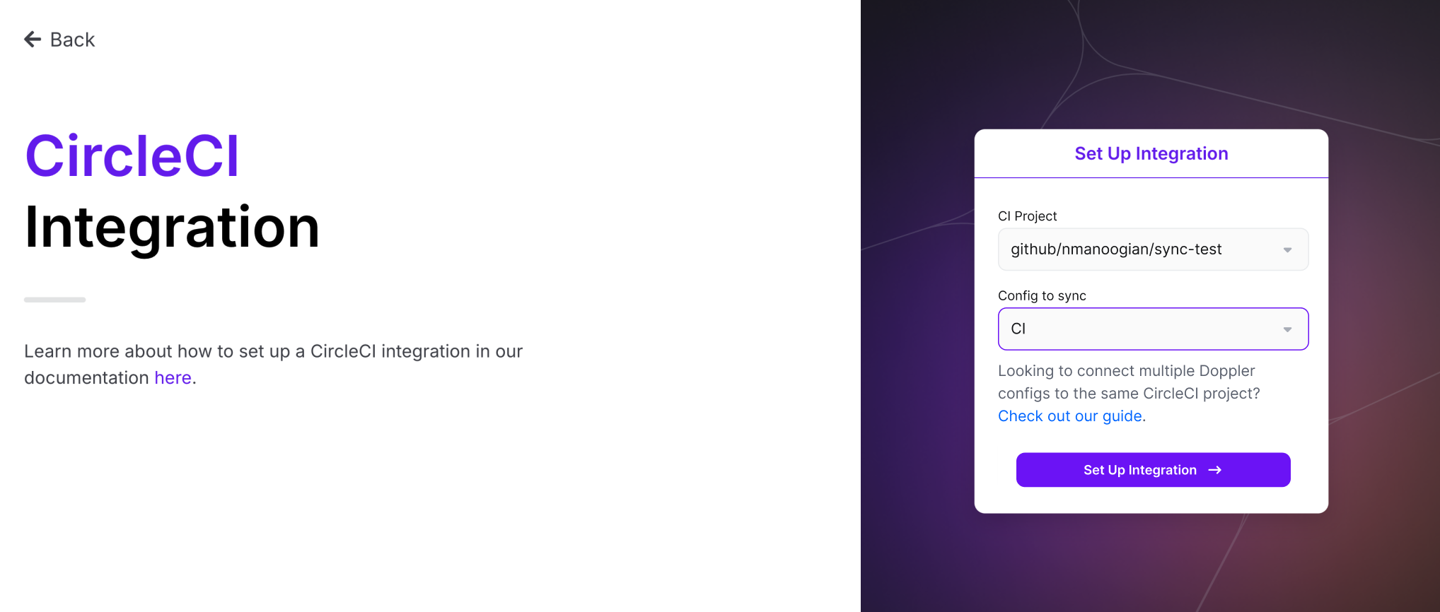 Screenshot of Doppler's set up integration UI for circleci