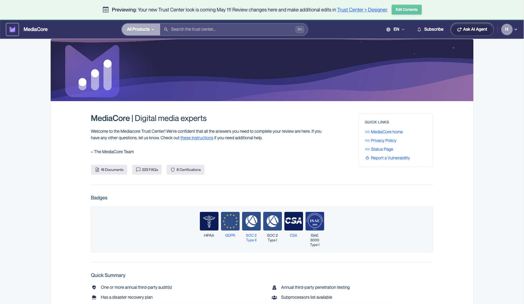 Full above-the-fold view of the redesigned Trust Center showing the updated header with global search, a banner image, the company summary section with description text and content stats.