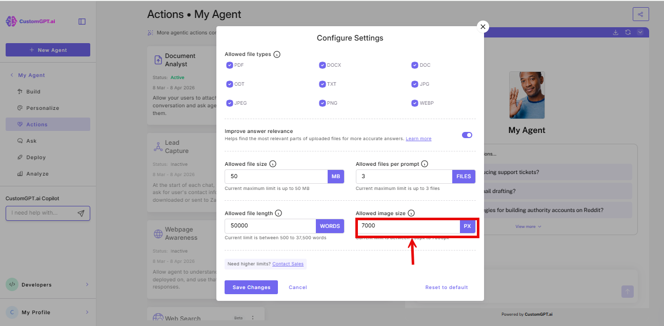 Screenshot of Allowed image size input field in the configure settings of Document Analyst