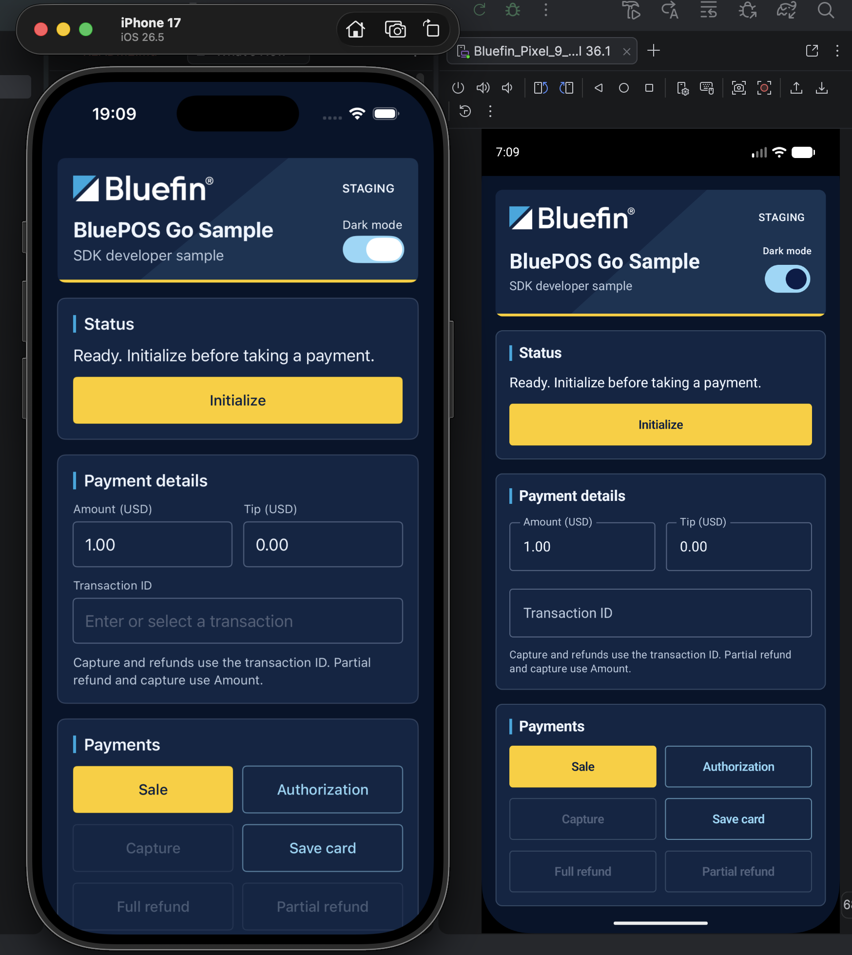 BluePOSGoSDK Sample Application Running