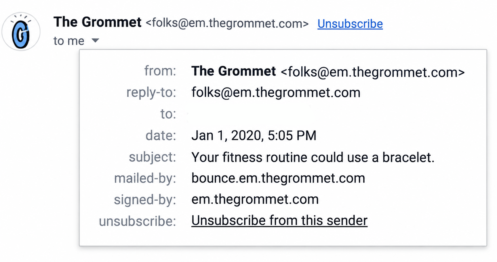Expanded Gmail message details showing the mailed-by and signed-by digital signature fields