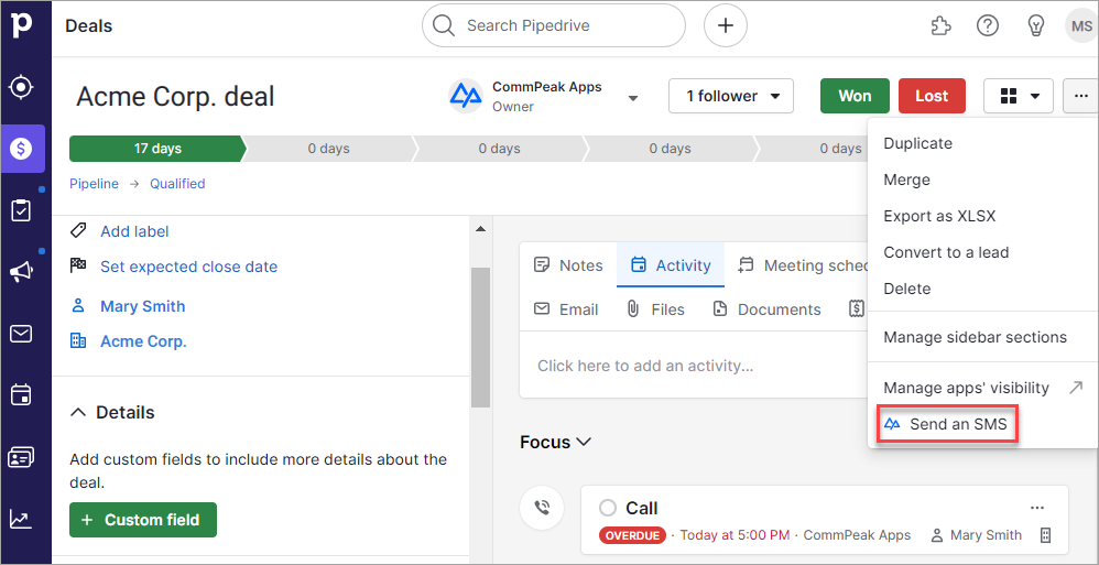 Screenshot of the Pipedrive Deals tab