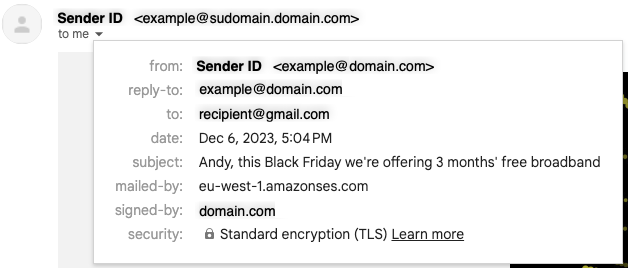 An email received without a Custom MAIL FROM configured (see "mailed-by" field)