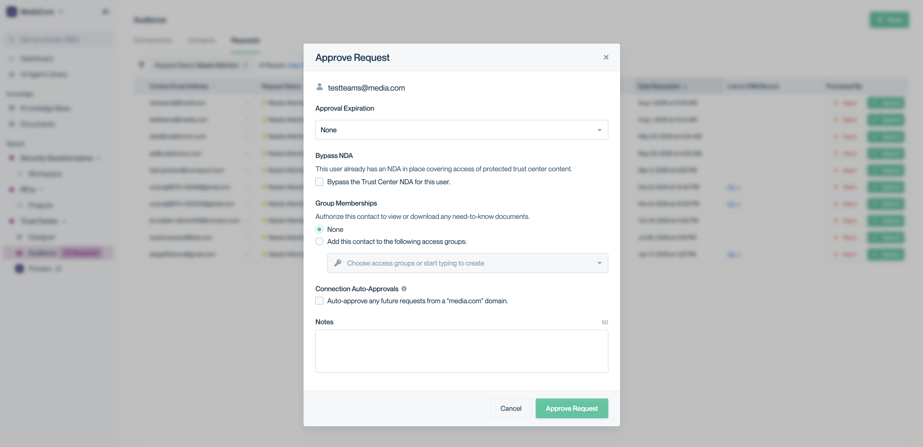 Request approval modal in Conveyor showing options for expiration date, NDA bypass, access groups, auto-approve, and internal notes.