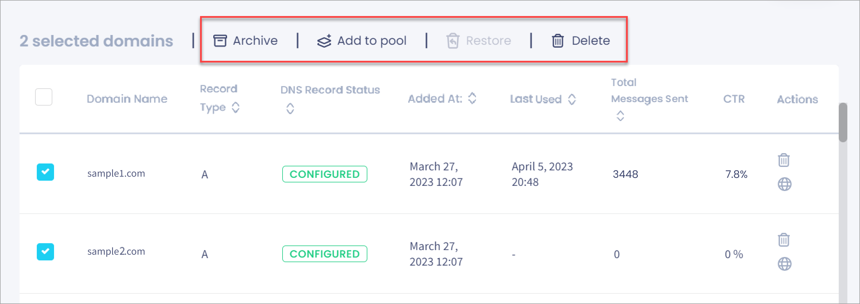 Screenshot of the domain management controls