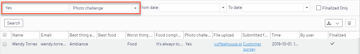 Screenshot of form submissions sorted by the Photo challenge column where filtering for visitors who selected Yes