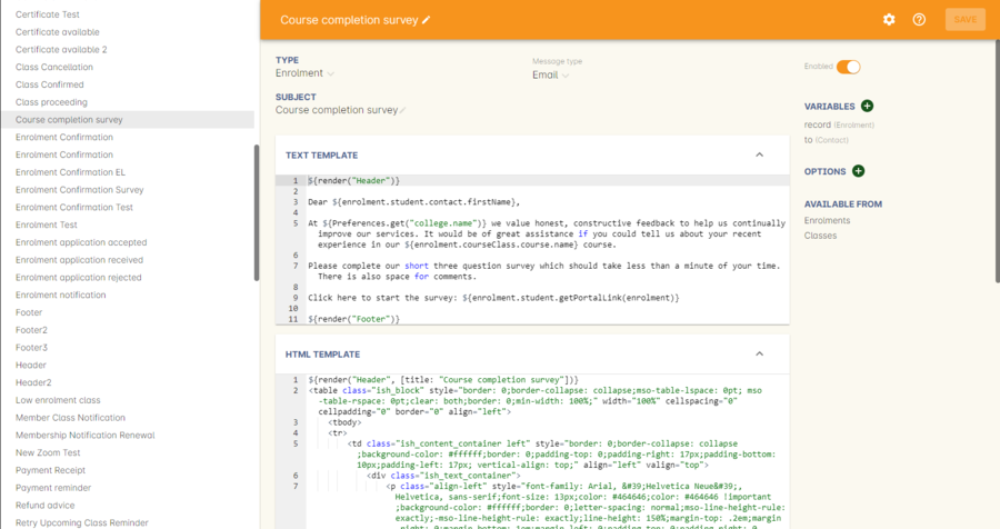 The 'course completion survey' template window