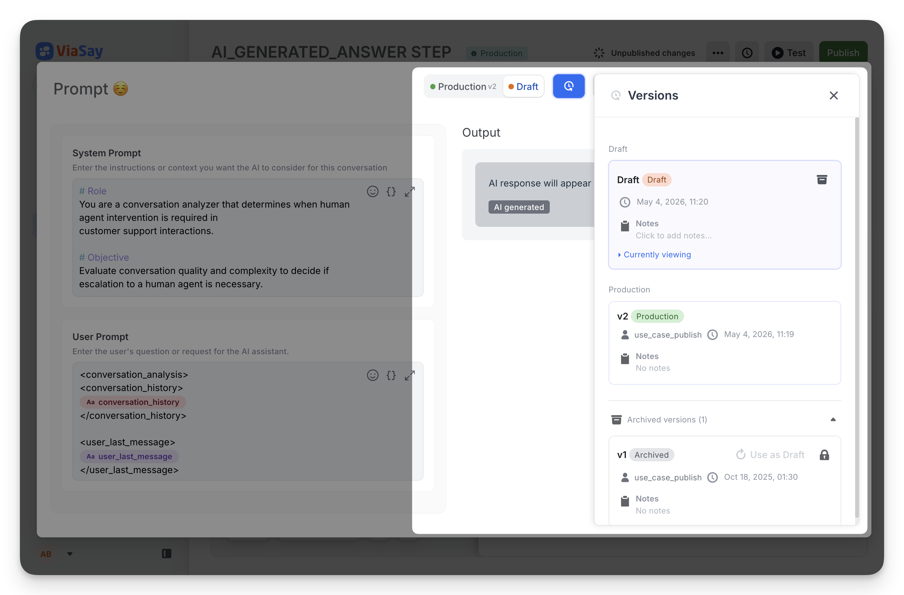 Versioning panel — Draft, Production, and Archived sections