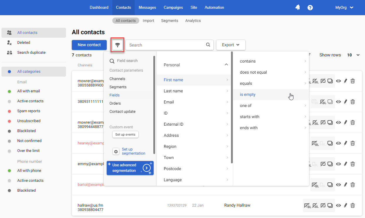 Selecting advanced filter