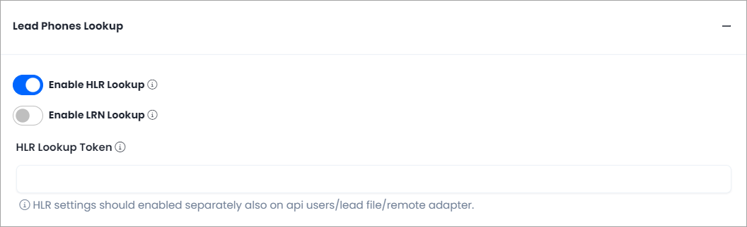 Screenshot of lead phone lookup settings