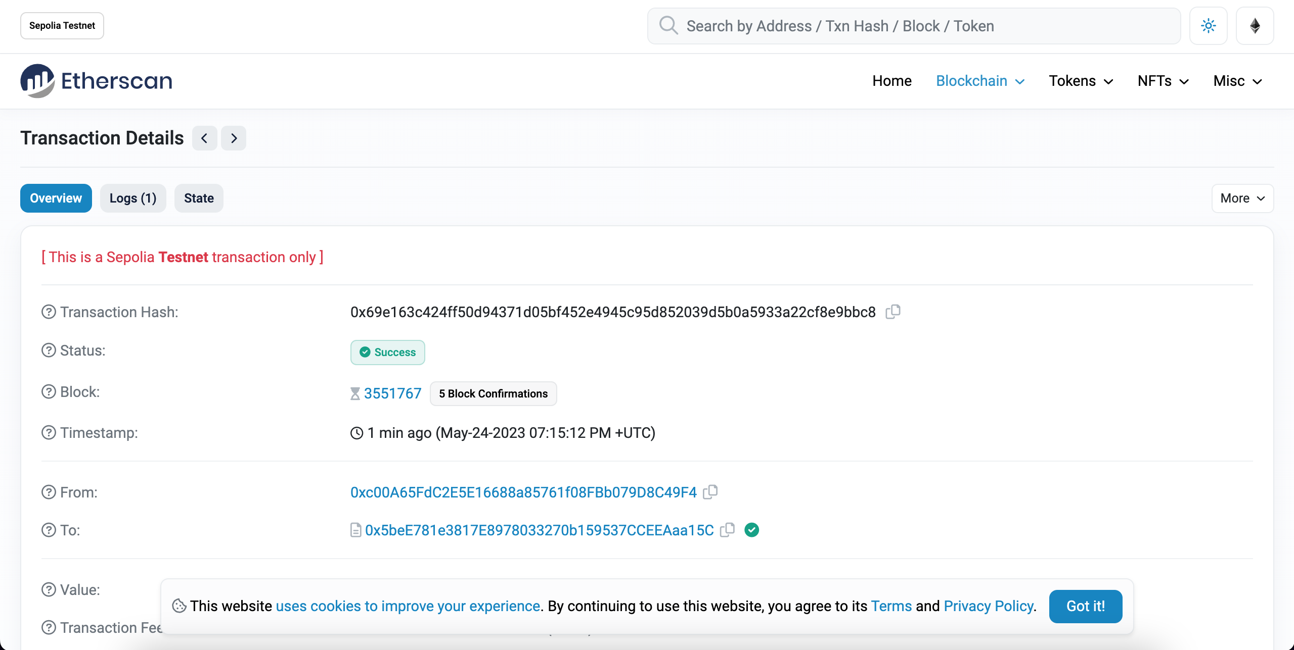 Contract Creation page on Sepolia Etherscan