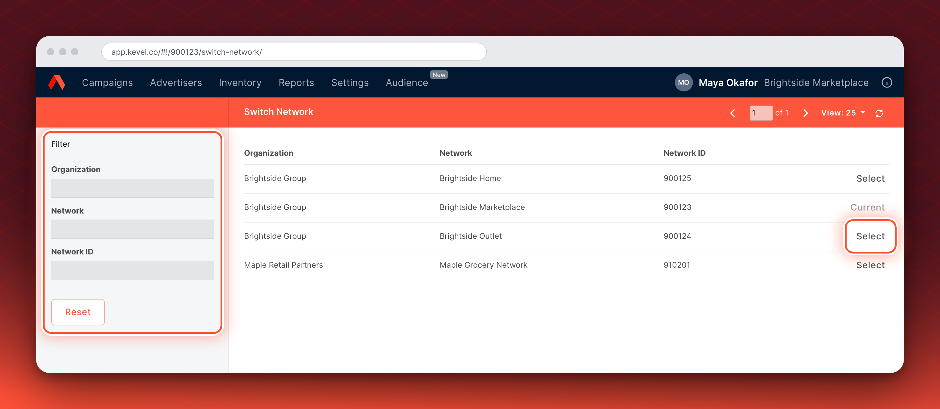 The Switch Network page. The Filter panel with the Organization, Network, and Network ID fields and the Reset button is circled. The table lists four networks in two organizations, with Current on the active network and the Select button on another row circled.