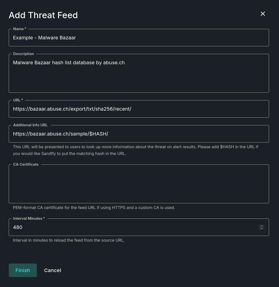 A screenshot of the Add Threat Feed form with an example configuration.