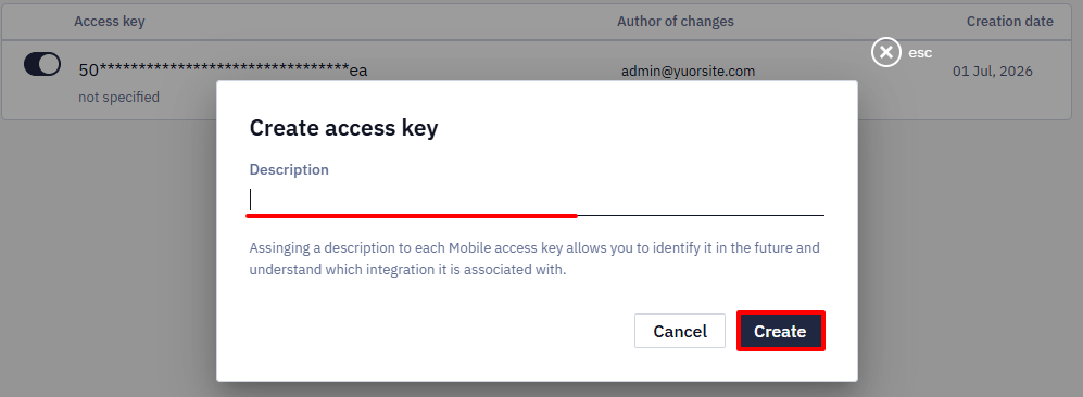 Create access key dialog with an empty Description field and the Create button highlighted