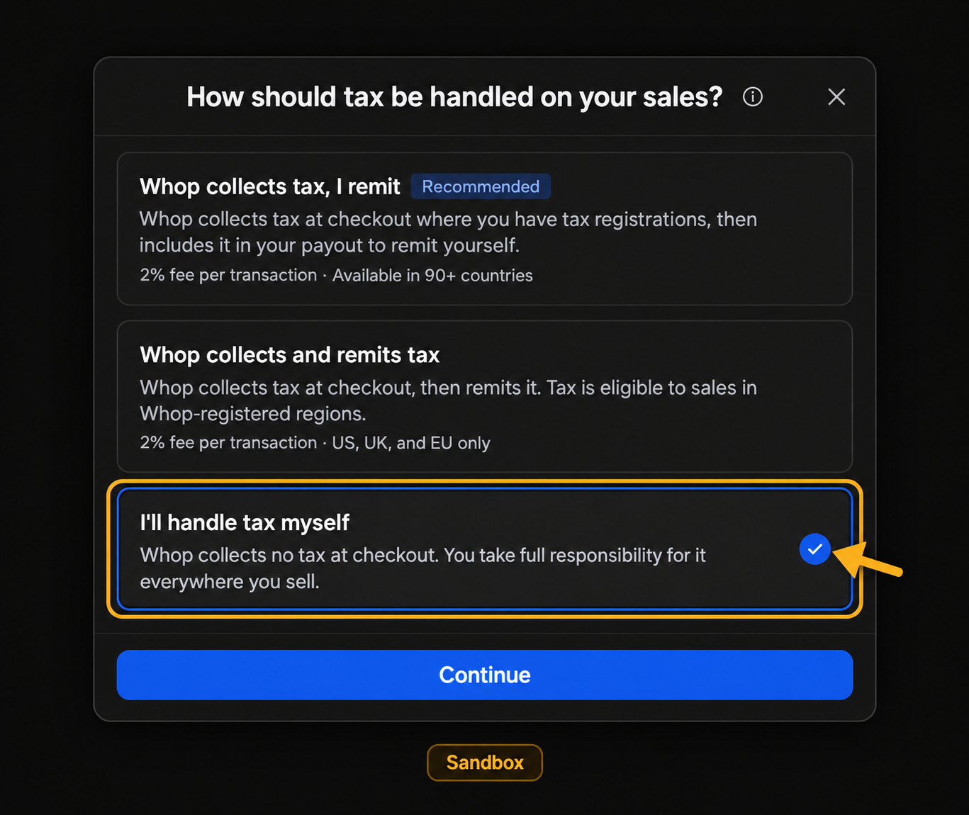 Choose the Sandbox tax setting