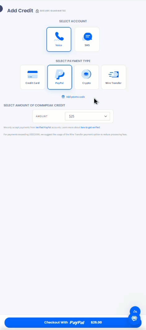 Screenshot with the PayPal payment type selected
