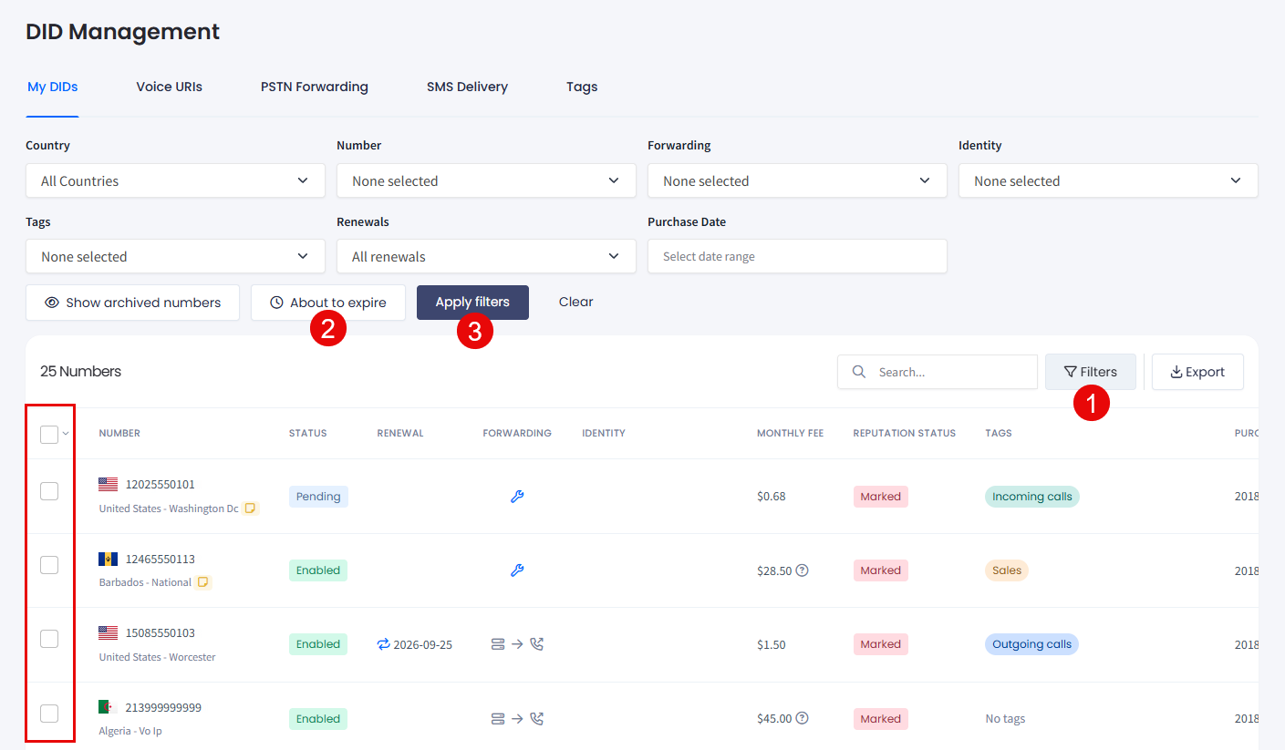 Screenshot with filtering options for DID numbers