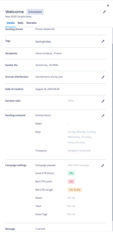 Screenshot of the sidebar campaing details