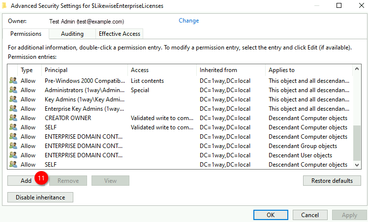 Advanced Security Settings showing permission entries for the license container with the Add button highlighted.