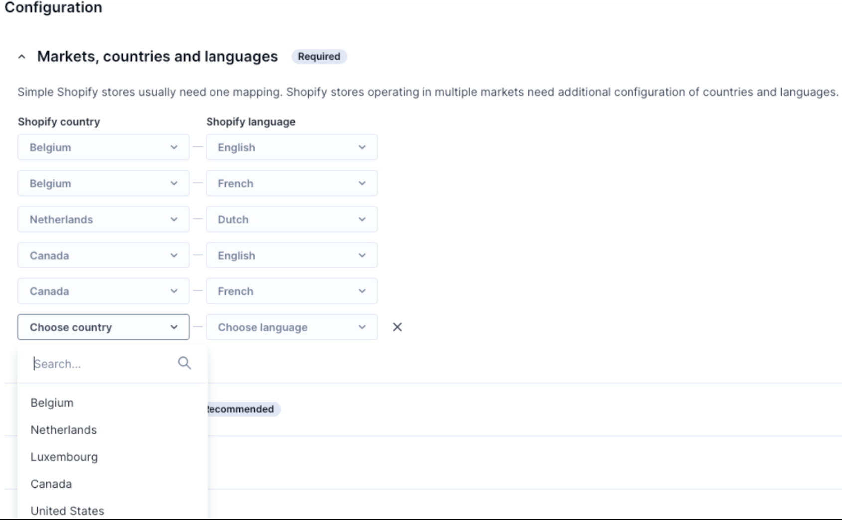 Markets configuration interface