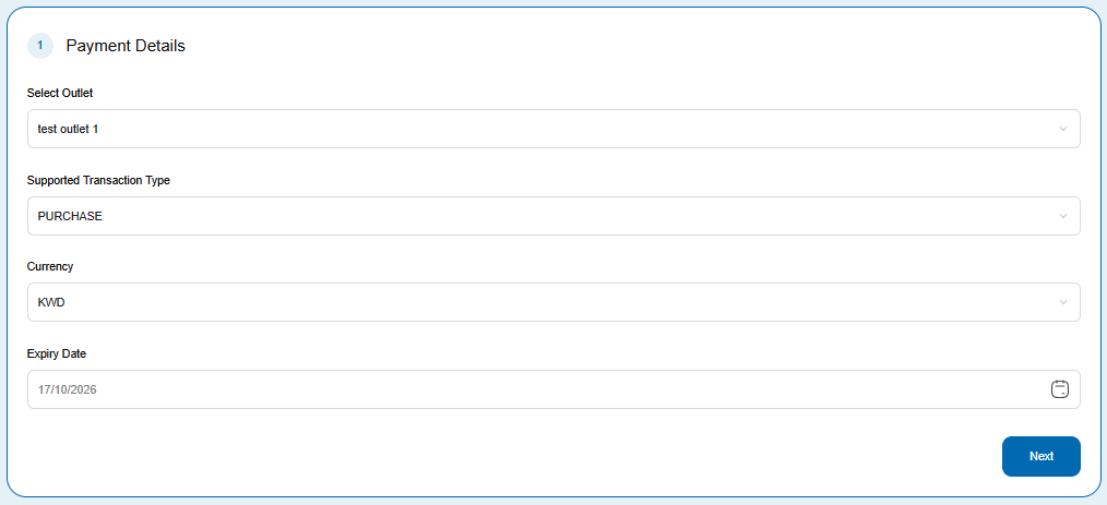 Payment Details panel with outlet, transaction type, currency and expiry fields