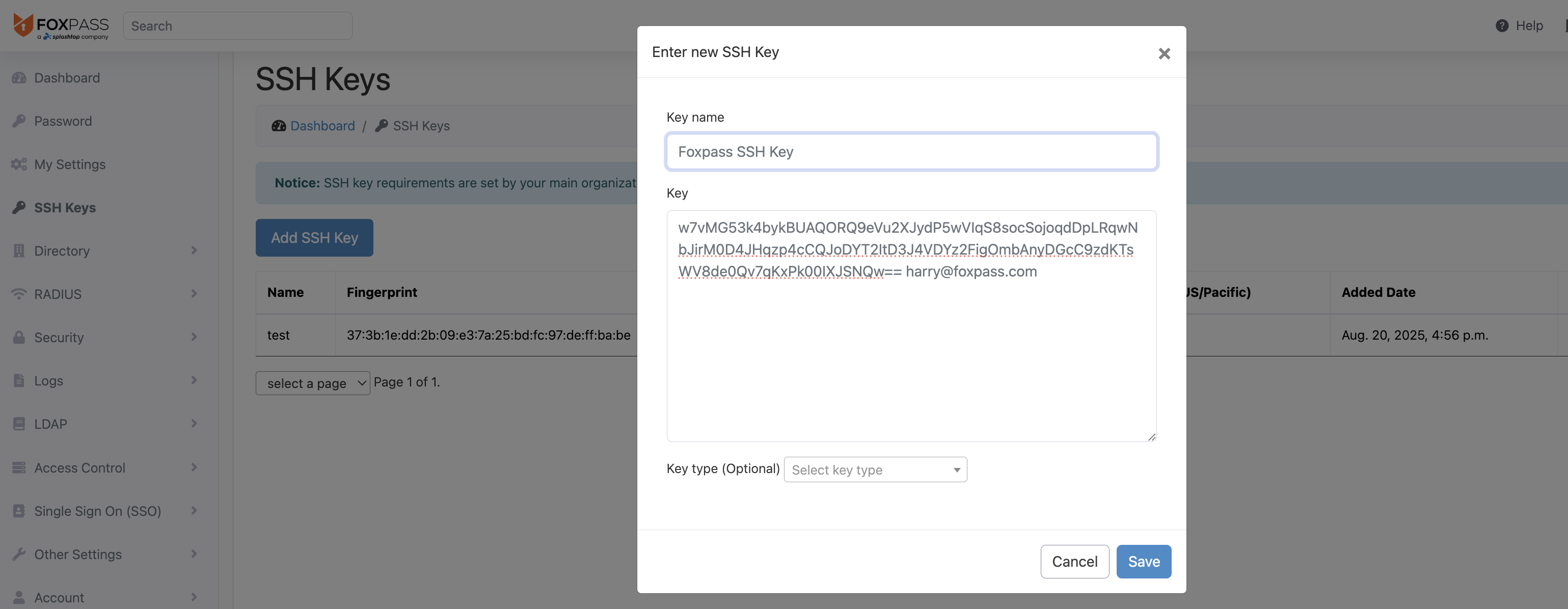Paste SSH Key into Foxpass