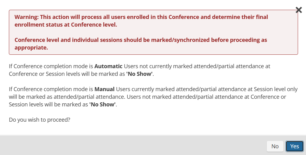 Screenshot showing finalize attendance prompt.