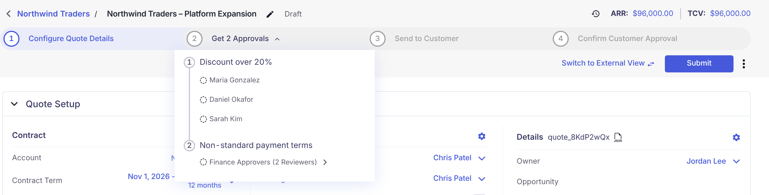 Draft quote whose progress bar reads "Get 2 Approvals". The open list shows rule 1, "Discount over 20%", with approvers Maria Gonzalez, Daniel Okafor, and Sarah Kim, and rule 2, "Non-standard payment terms", with the team "Finance Approvers (2 Reviewers)". Every approver has a dotted-circle icon because nothing has been sent yet.