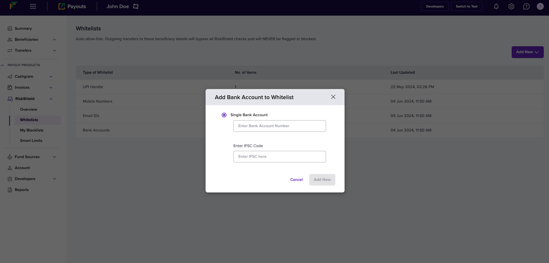 Add Bank Account to Whitelist