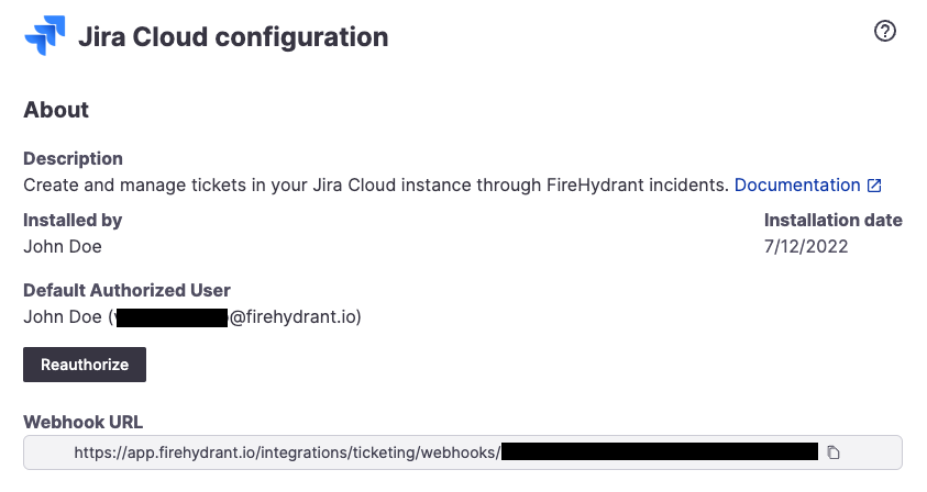 Jira integration settings page with generated webhook URL