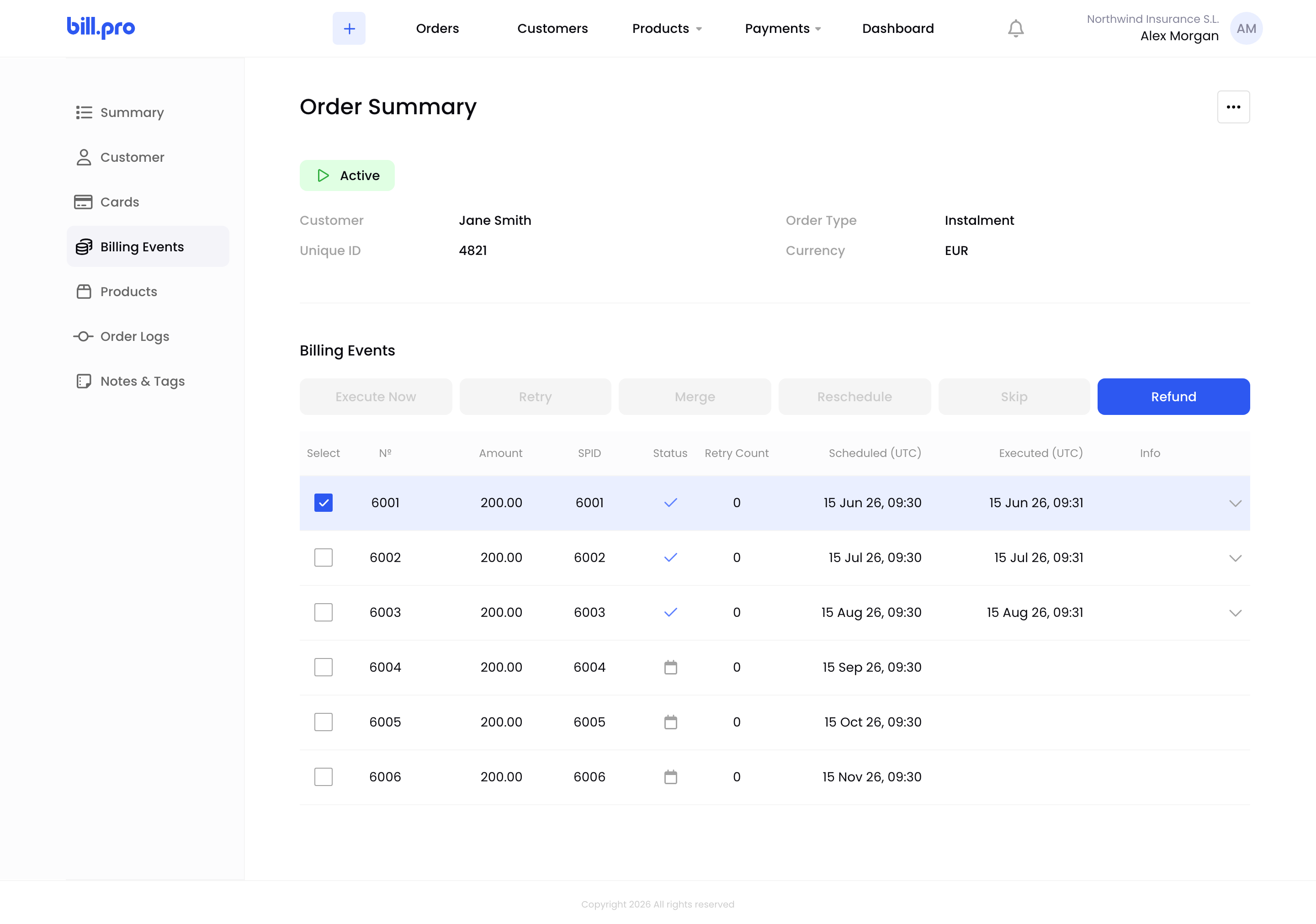 A collected billing event selected, with Refund available