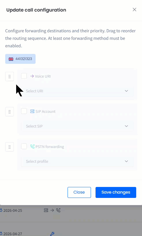 Working in the Update call configuration window