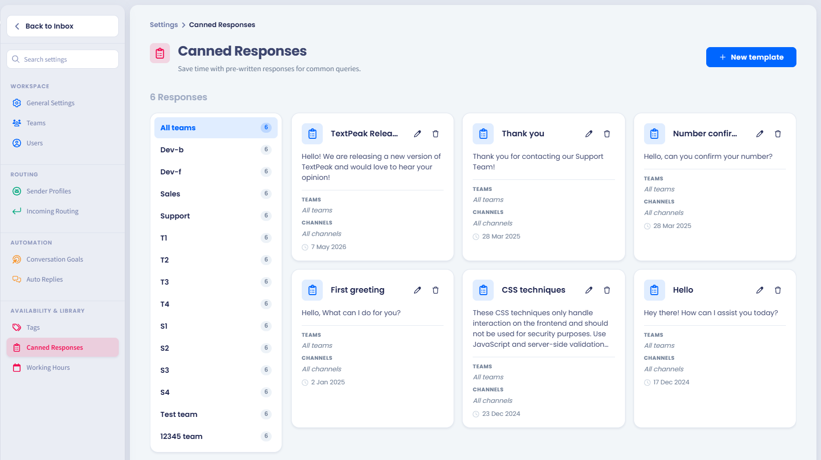 Screenshot of the Canned Responses page showing the team filter panel on the left and response cards on the right