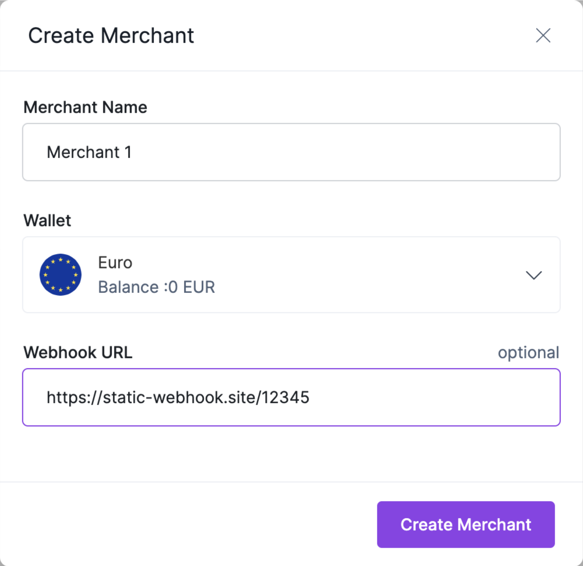 Create Merchant form