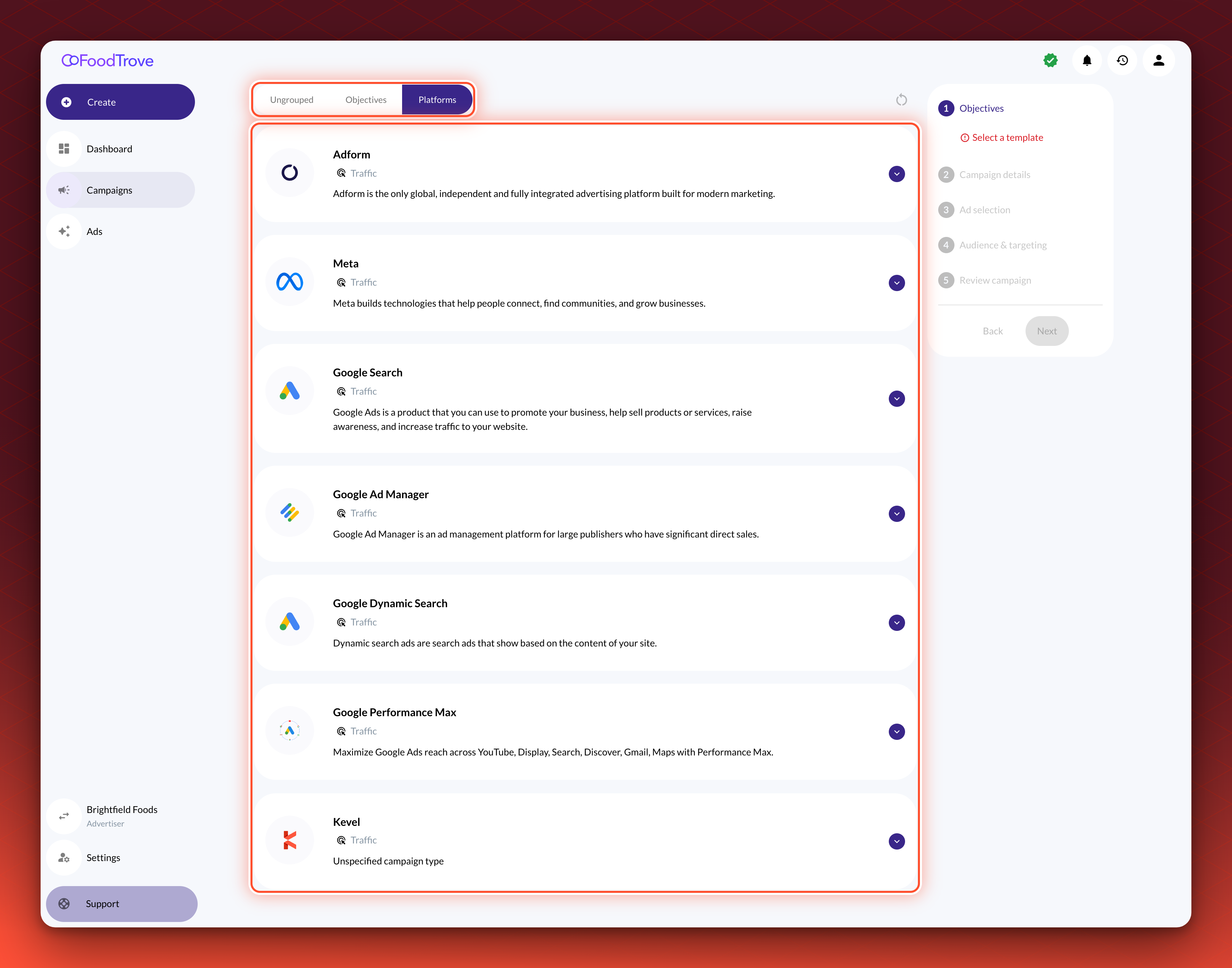 The Console Create campaign page with the campaign types grouped by Platforms. Cards for Adform, Meta, Google Search, Google Ad Manager, Google Dynamic Search, Google Performance Max and Kevel are listed. The Platforms control and the list of cards are circled.