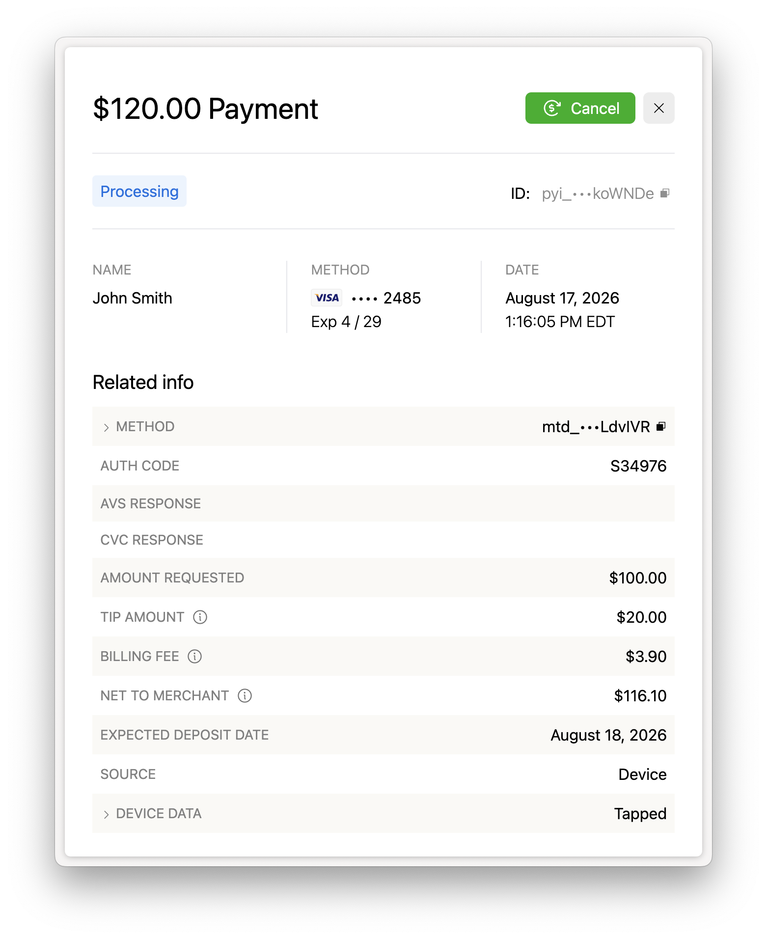 Payin Details Component with fields for Amount Requested and Tip Amount in the Related info section to explain the tip collected via a device payment