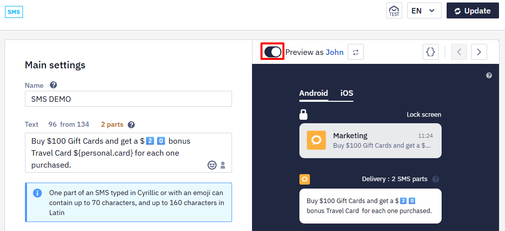 Preview as toggle in the SMS editor
