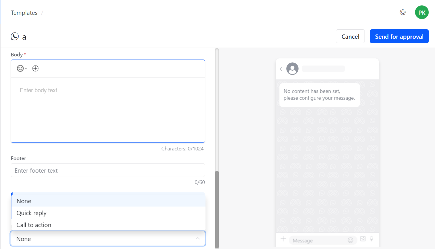 Configure WhatsApp message body footer and buttons