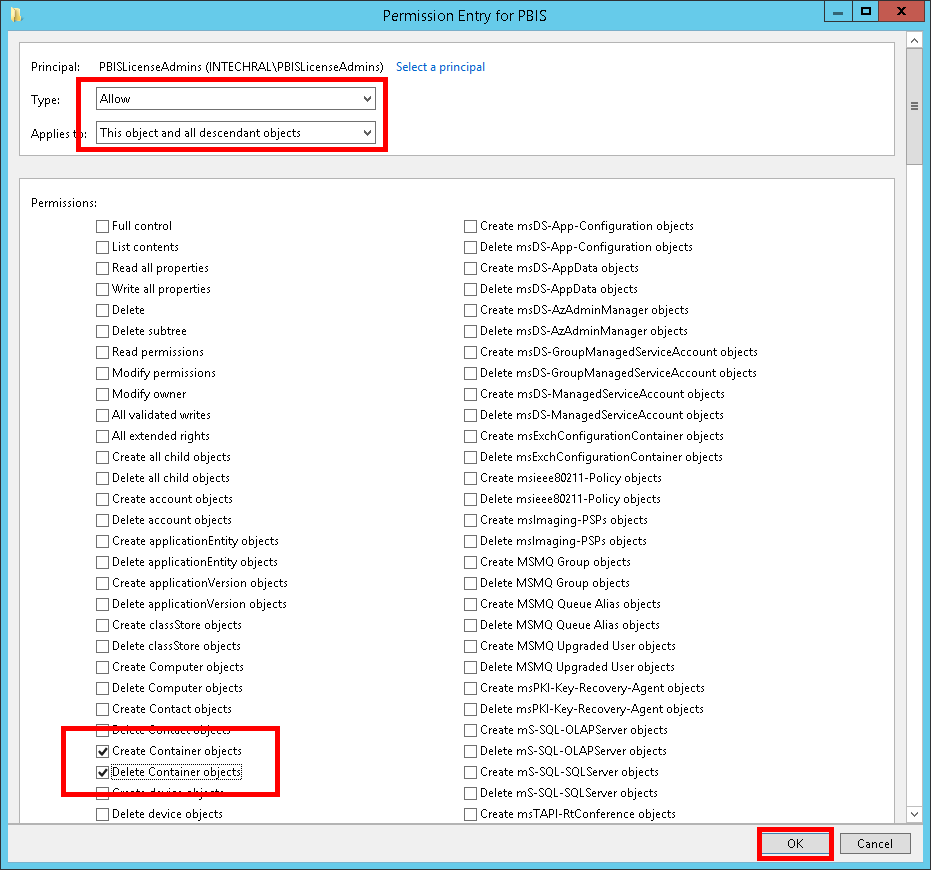 Permission Entry dialog for the security principal OU