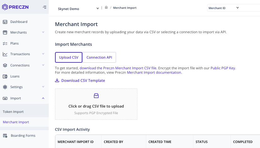 Merchant Import Page