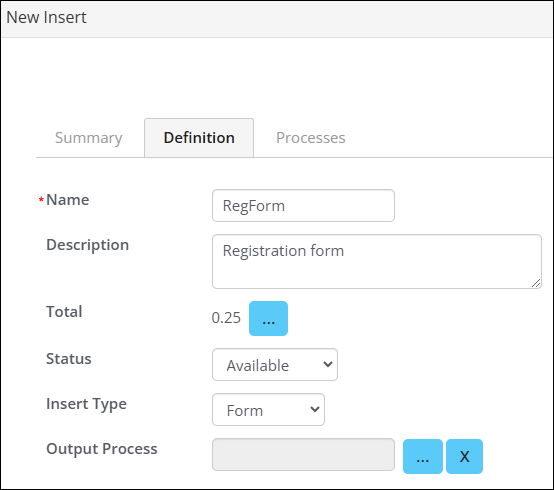 The Definition tab of the new insert contains the details listed in step 18.