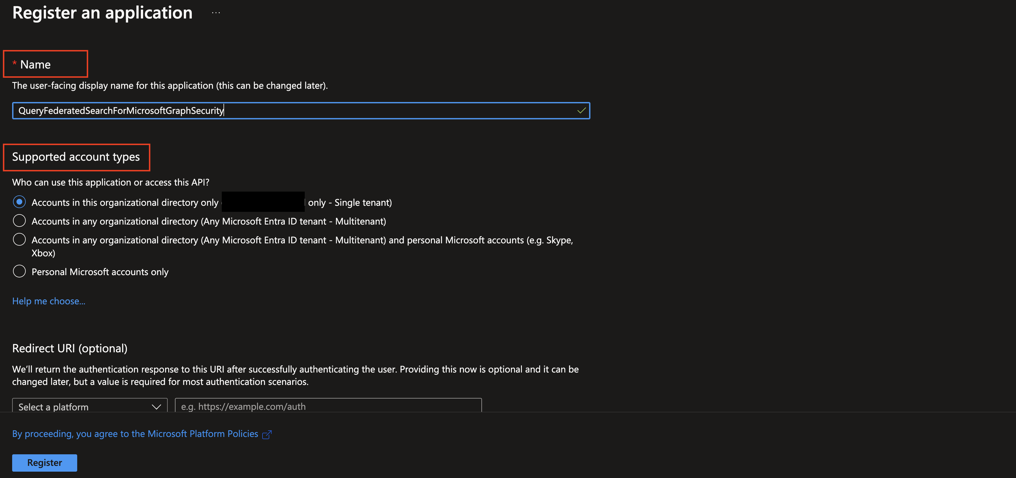 FIG. 2 - Naming and selecting the supported account types for an App registration