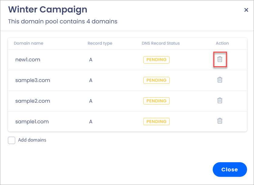 Screenshot with deleting domains from a pool