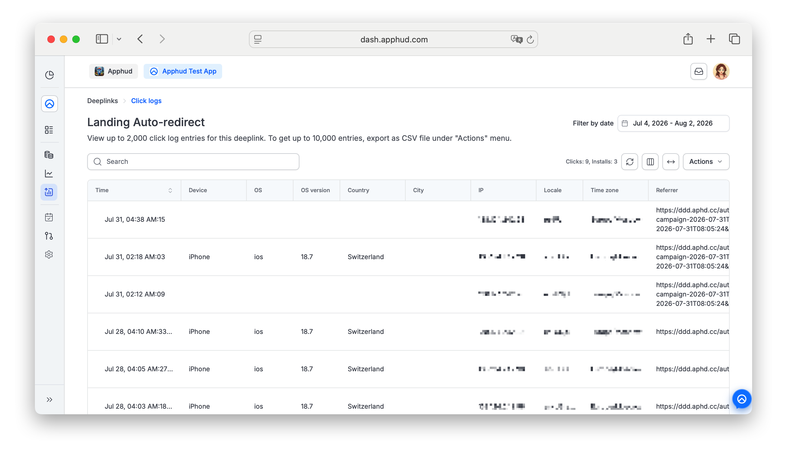 Apphud Deeplinks logs page