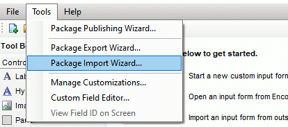 The "Package Import Wizard" menu item is highlighted.