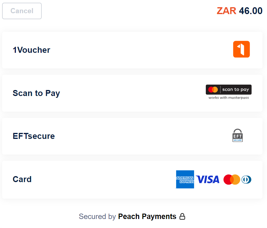 Example Embedded Checkout with custom colours and payment method order; note that not all payment methods are available in all regions or for all currencies.