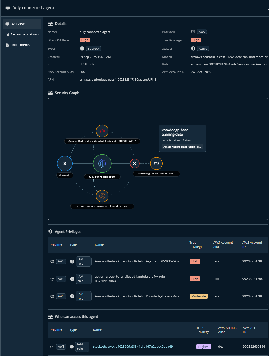 AI agent panel with overview information for the selected agent