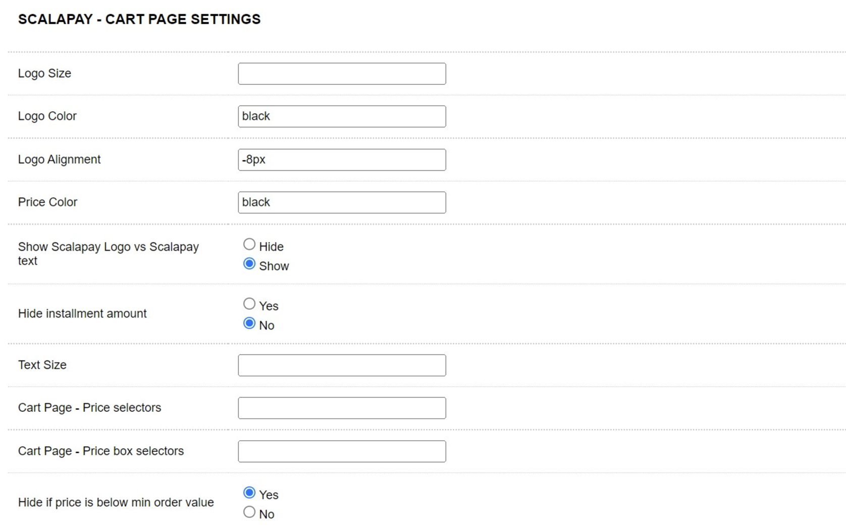 Cart page settings