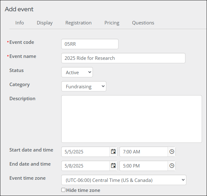 The Info tab for the new event contains fields for the event code, name, status, category, description, and timing.