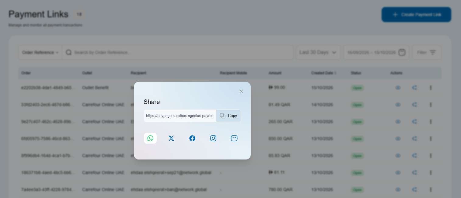 Payment-link sharing in the Merchant Portal